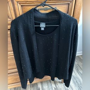 Eileen Fisher Beaded Merino Wool Crepe Black Cardigan Tank Top Set Medium